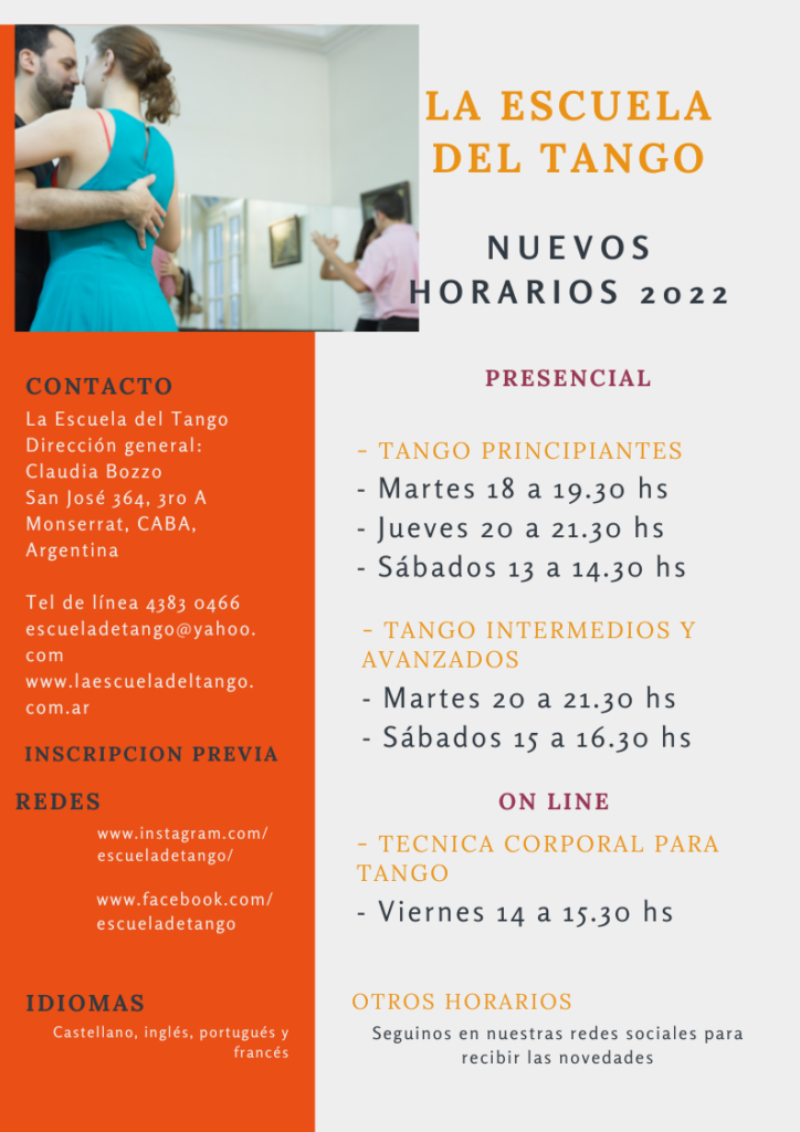 horarios cursos tango salón y técnica para tango actualizados a mayo 2022 La Escuela del Tango