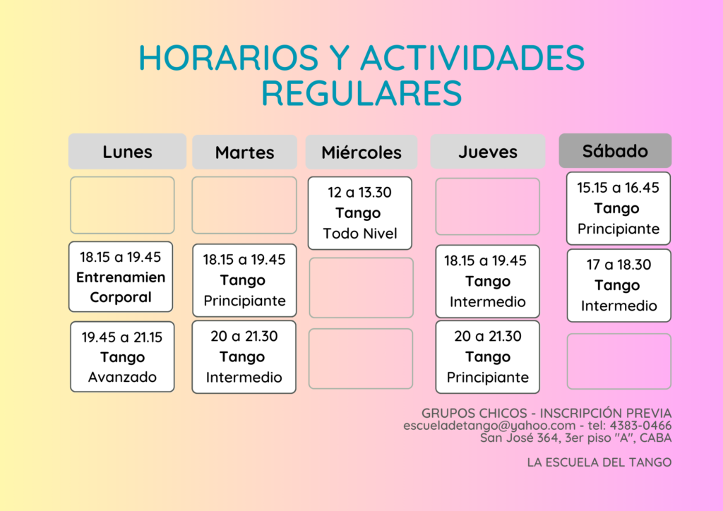 horarios actividades 2023 La Escuela del Tango