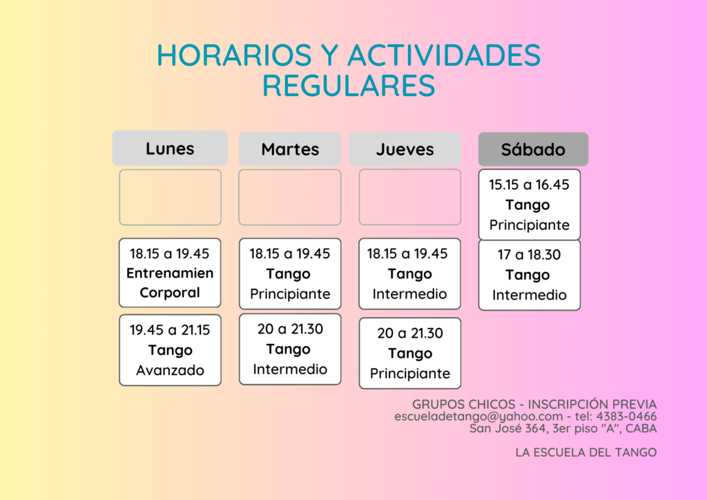 Horarios Cursos La Escuela del Tango